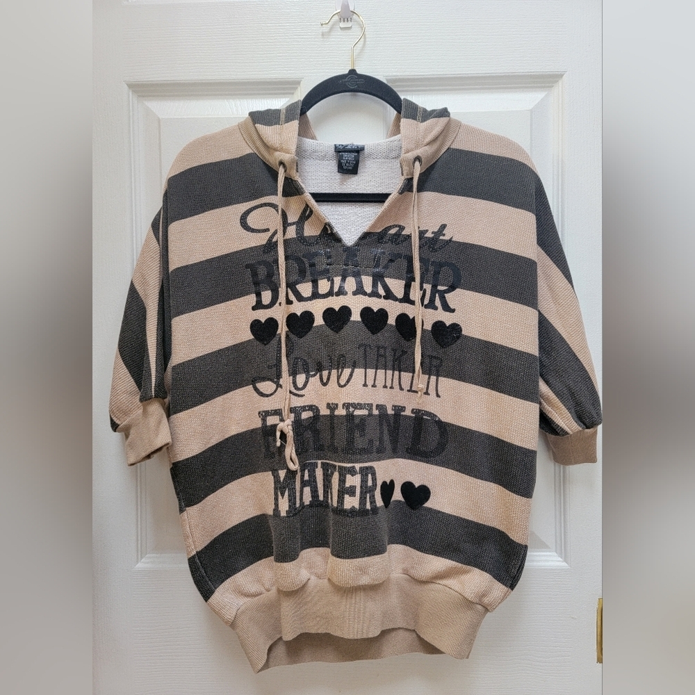 Daytrip Women's V-Neck Heart Breaker Striped Hooded Sweatshirt Size XS